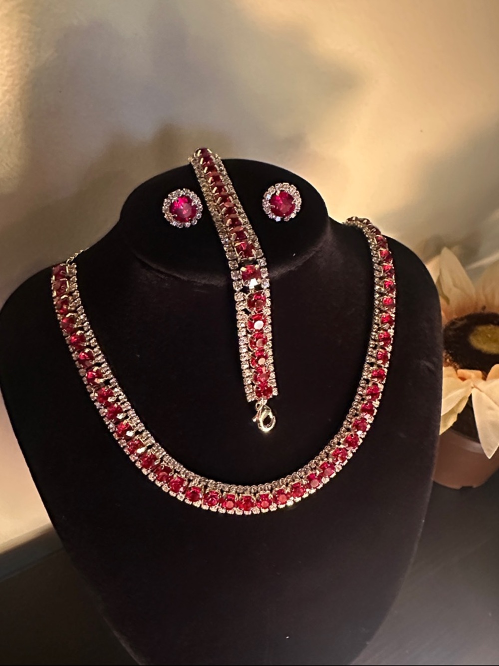 Plated gold Red Crystal Necklace, Bracelet & Earring Set